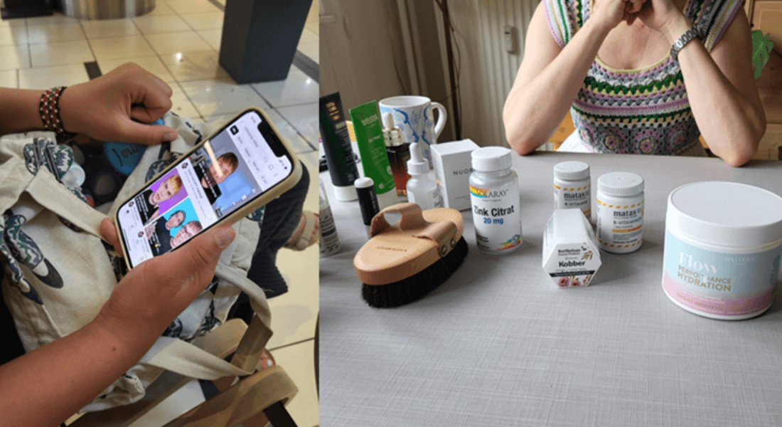 Women with medicine and a phone